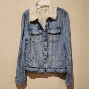 Altar'd State Light Blue Jean Jacket with White Faux Fur Collar